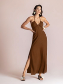 VESTIDO MARRON ATADO AL CUELLO / MOUTAKI